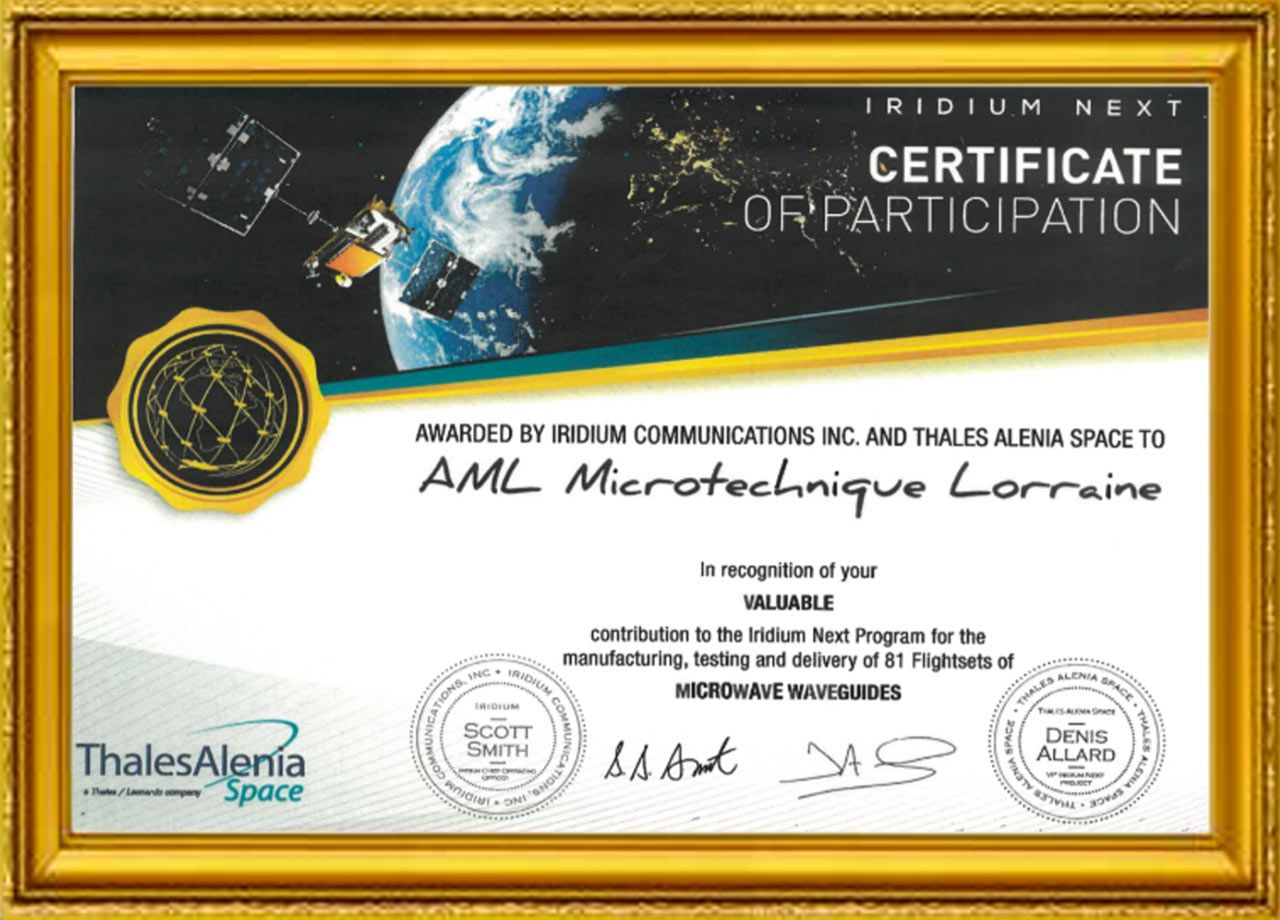 AML Microtechnique Lorraine - Missions - Domaine d'Activité Stratégique (DAS) Aérospatial - AML Microtechnique Lorraine - Missions - Domaine d'Activité Stratégique (DAS) Aérospatial - AML Microtechnique Lorraine - Missions - Domaine d'Activité Stratégique (DAS) Aérospatial - Certificat de participation au projet Iridium Next